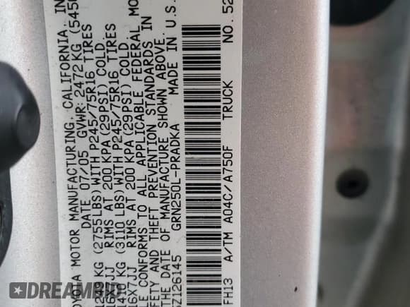 ✅ 2005 Toyota Tacoma • VIN: 5TEMU52N35Z126145 • Lot: 55391105. Listed on Copart with 150,046 mi. Free auction sales archive from the USA and detailed vehicle history report at DreamBid. Image 12.