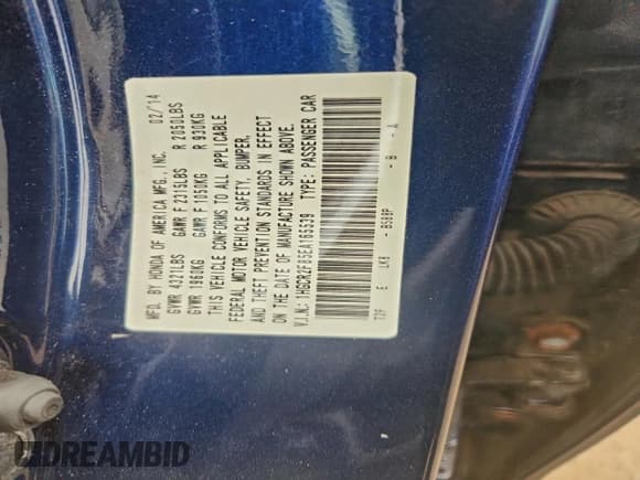 ✅ 2014 Honda Accord EX-L • VIN: 1HGCR2F85EA165539 • Lot: 93662095. Listed on Copart with 91,105 mi. Free auction sales archive from the USA and detailed vehicle history report at DreamBid. Image 12.