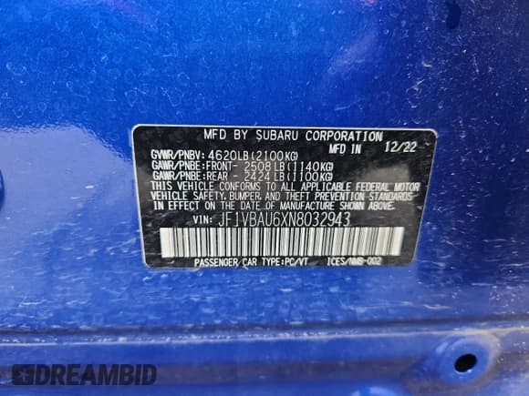 ✅ 2022 Subaru WRX GT • VIN: JF1VBAU6XN8032943 • Lot: 71635305. Listed on Copart with 33,224 mi. Free auction sales archive from the USA and detailed vehicle history report at DreamBid. Image 12.