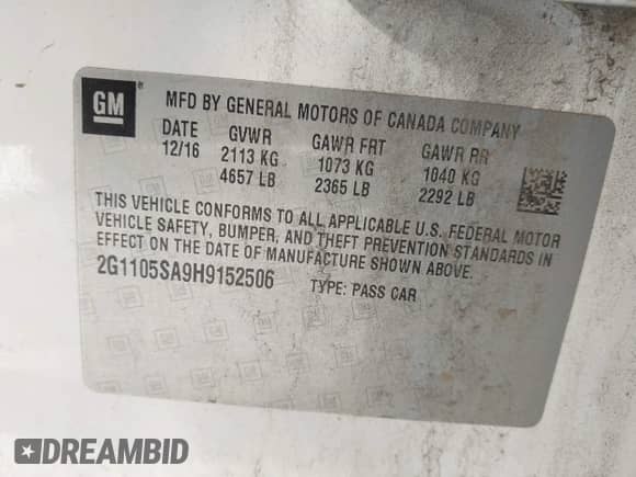 2017 Chevrolet Impala LT with VIN 2G1105SA9H9152506, listed as a IAAI auction lot 42784238 with 149,262 mi miles and . Bid and sale history available at DreamBid. Image 9.