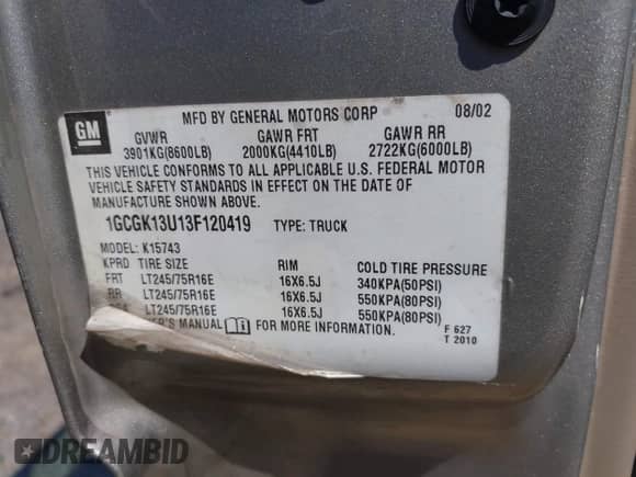 2003 Chevrolet Silverado 1500HD LS with VIN 1GCGK13U13F120419, listed as a IAAI auction lot 43250986 with 201,013 mi miles and . Bid and sale history available at DreamBid. Image 9.