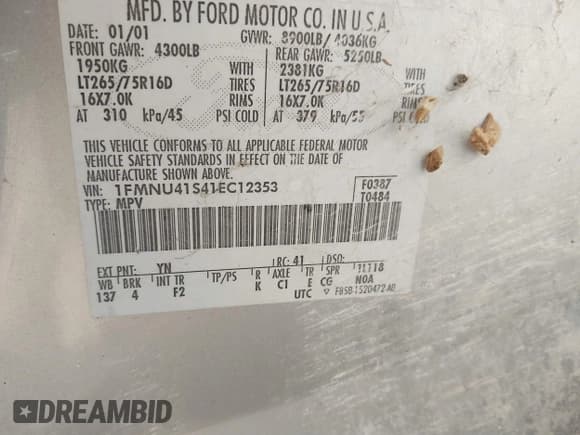 ✅ 2001 Ford Excursion XLT • VIN: 1FMNU41S41EC12353 • Lot: 41573845. Listed on IAAI with 198,777 mi. Free auction sales archive from the USA and detailed vehicle history report at DreamBid. Image 9.