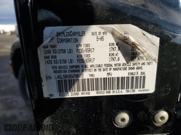 ✅ 2005 Jeep Liberty Limited • VIN: 1J4GL58K05W708112 • Lot: 91718795. Listed on Copart with 179,678 mi. Free auction sales archive from the USA and detailed vehicle history report at DreamBid. Image 13.