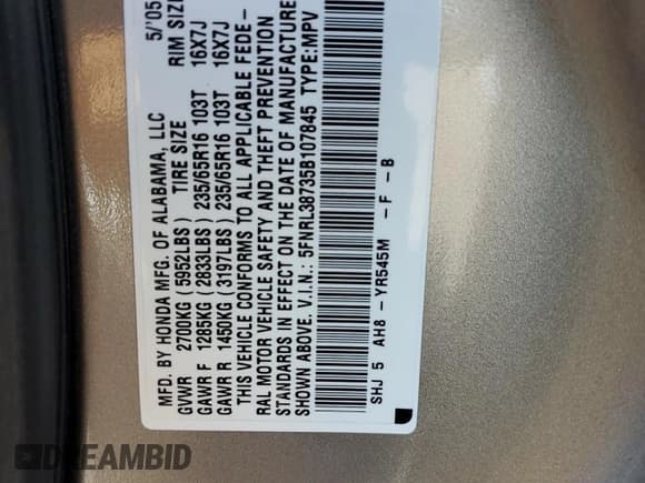 ✅ 2005 Honda Odyssey EX-L • VIN: 5FNRL38735B107845 • Lot: 81090685. Listed on Copart with 323,182 mi. Free auction sales archive from the USA and detailed vehicle history report at DreamBid. Image 13.