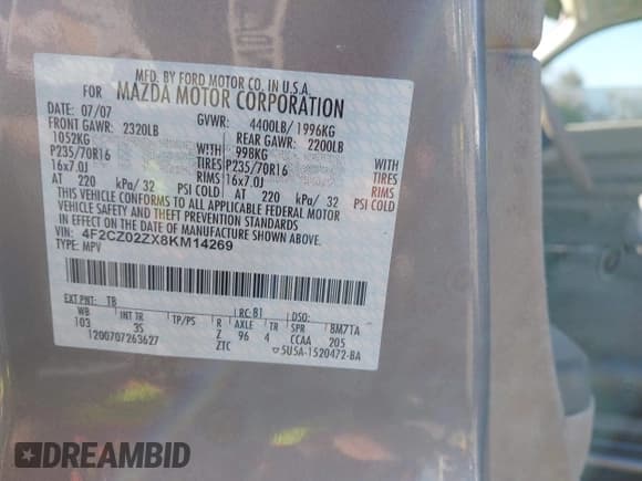 ✅ 2008 Mazda Tribute Touring • VIN: 4F2CZ02ZX8KM14269 • Lot: 43794132. Listed on IAAI with 161,694 mi. Free auction sales archive from the USA and detailed vehicle history report at DreamBid. Image 9.