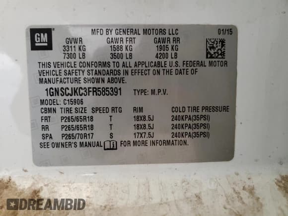 ✅ 2015 Chevrolet Suburban LT • VIN: 1GNSCJKC3FR585391 • Лот: 88498085. Опубликован ранее на Copart с пробегом Не указан. Бесплатный доступ к архиву аукционных продаж из США и подробный отчёт об истории автомобиля на DreamBid. Изображение 13.