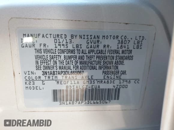 ✅ 2013 Nissan Sentra SV • VIN: 3N1AB7AP3DL665067 • Lot: 43753826. Listed on IAAI with 130,291 mi. Free auction sales archive from the USA and detailed vehicle history report at DreamBid. Image 9.