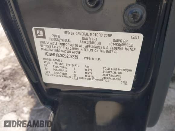 2002 Chevrolet Tahoe LT z VIN 1GNEK13Z62J202829, wystawiony jako IAAI lot #43409146 z przebiegiem Nie podano mil oraz . Historia ofert i sprzedaży dostępna na DreamBid. Obrazek 9.