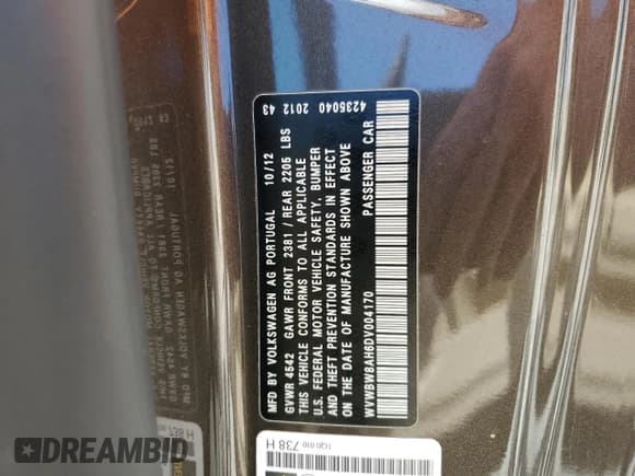 ✅ 2013 Volkswagen Eos Sport • VIN: WVWBW8AH6DV004170 • Лот: 86692455. Опубликован ранее на Copart с пробегом 52 592 миль. Бесплатный доступ к архиву аукционных продаж из США и подробный отчёт об истории автомобиля на DreamBid. Изображение 13.