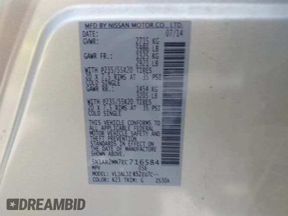 ✅ 2014 Nissan Pathfinder SL • VIN: 5N1AR2MN7EC716584 • Lot: 43331255. Listed on IAAI with 146,753 mi. Free auction sales archive from the USA and detailed vehicle history report at DreamBid. Image 9.