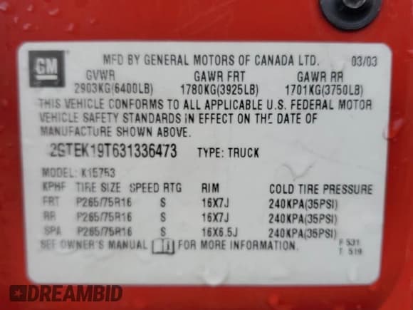 ✅ 2003 GMC Sierra 1500 SLT • VIN: 2GTEK19T631336473 • Lot: 82377385. Listed on Copart with 193,169 mi. Free auction sales archive from the USA and detailed vehicle history report at DreamBid. Image 12.