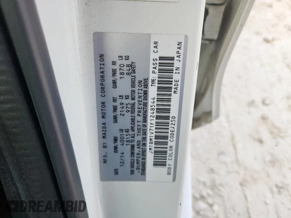 ✅ 2015 Mazda 3 i Touring • VIN: JM1BM1V71F1248544 • Lot: 91941295. Listed on Copart with 63,578 mi. Free auction sales archive from the USA and detailed vehicle history report at DreamBid. Image 12.