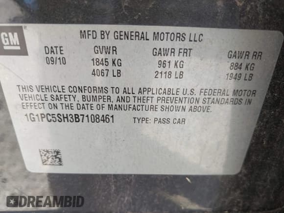 ✅ 2011 Chevrolet Cruze LS • VIN: 1G1PC5SH3B7108461 • Lot: 43643622. Listed on IAAI with 155,294 mi. Free auction sales archive from the USA and detailed vehicle history report at DreamBid. Image 9.