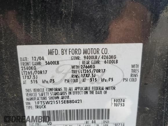 ✅ 2005 Ford F-250 XL • VIN: 1FTSW21515EB80421 • Lot: 56678805. Listed on Copart with 84,203 mi. Free auction sales archive from the USA and detailed vehicle history report at DreamBid. Image 12.