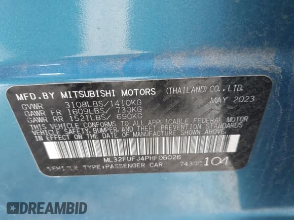 ✅ 2023 Mitsubishi Mirage ES • VIN: ML32FUFJ4PHF06026 • Лот: 41958642. Опубликован ранее на IAAI с пробегом 12 497 миль. Бесплатный доступ к архиву аукционных продаж из США и подробный отчёт об истории автомобиля на DreamBid. Изображение 9.