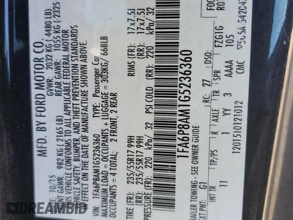 ✅ 2016 Ford Mustang V6 • VIN: 1FA6P8AM1G5236360 • Lot: 82595885. Listed on Copart with 94,854 mi. Free auction sales archive from the USA and detailed vehicle history report at DreamBid. Image 13.