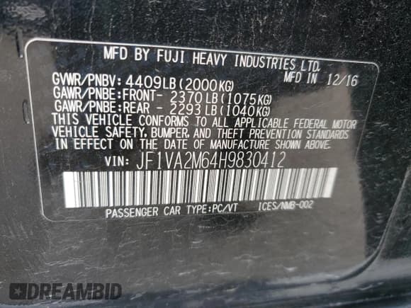 ✅ 2017 Subaru WRX STI • VIN: JF1VA2M64H9830412 • Lot: 84922945. Listed on Copart with 82,938 mi. Free auction sales archive from the USA and detailed vehicle history report at DreamBid. Image 13.