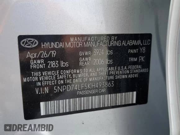 2019 Hyundai Elantra SE with VIN 5NPD74LF5KH493863, listed as a Copart auction lot 84746665 with 155,000 mi miles and Salvage title. Bid and sale history available at DreamBid. Image 12.