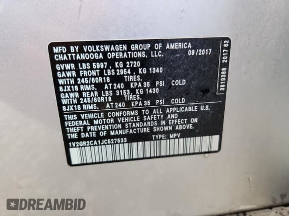 ✅ 2018 Volkswagen Atlas S • VIN: 1V2GR2CA1JC527533 • Lot: 85124245. Listed on Copart with 105,150 mi. Free auction sales archive from the USA and detailed vehicle history report at DreamBid. Image 14.