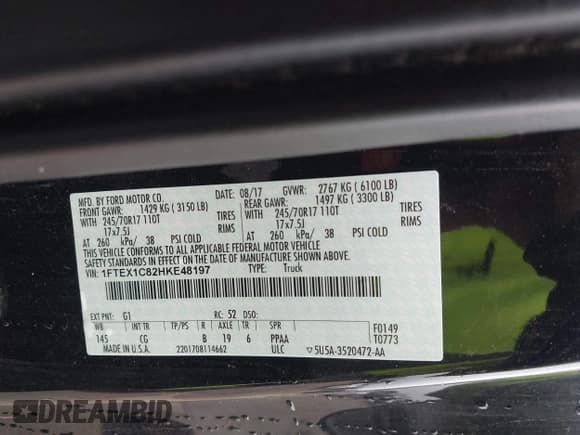 ✅ 2017 Ford F-150 XL • VIN: 1FTEX1C82HKE48197 • Lot: 41954267. Listed on IAAI with 72,946 mi. Free auction sales archive from the USA and detailed vehicle history report at DreamBid. Image 9.