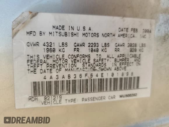 ✅ 2004 Mitsubishi Galant ES • VIN: 4A3AB36F64E101898 • Lot: 72025135. Listed on Copart with 219,796 mi. Free auction sales archive from the USA and detailed vehicle history report at DreamBid. Image 12.