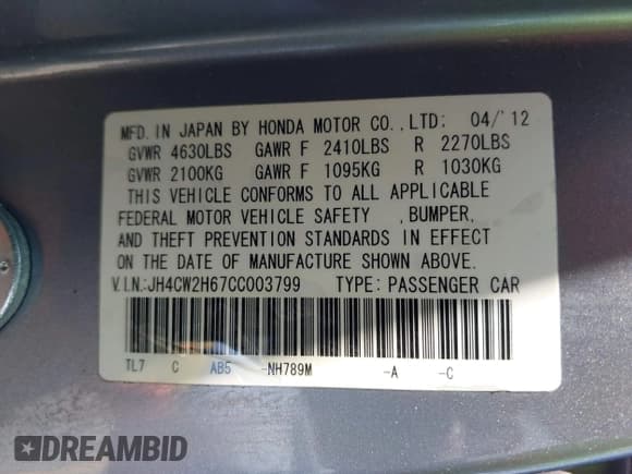 ✅ 2012 Acura TSX Technology • VIN: JH4CW2H67CC003799 • Lot: 42171355. Listed on IAAI with 124,184 mi. Free auction sales archive from the USA and detailed vehicle history report at DreamBid. Image 9.