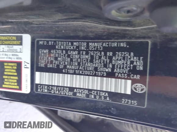 ✅ 2013 Toyota Camry SE • VIN: 4T1BF1FK2DU271979 • Lot: 43230116. Listed on IAAI with 209,473 mi. Free auction sales archive from the USA and detailed vehicle history report at DreamBid. Image 9.