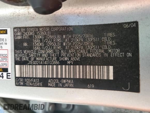 2004 Toyota Highlander z VIN JTEGD21A140103886, wystawiony jako Copart lot #67965715 z przebiegiem 193 653 mil mil oraz Szkoda całkowita • Salvage title. Historia ofert i sprzedaży dostępna na DreamBid. Obrazek 13.