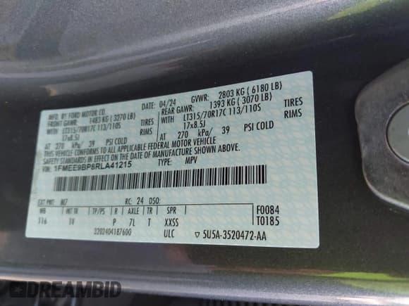 ✅ 2024 Ford Bronco Badlands • VIN: 1FMEE9BP8RLA41215 • Lot: 42148654. Listed on IAAI with 3,573 mi. Free auction sales archive from the USA and detailed vehicle history report at DreamBid. Image 9.