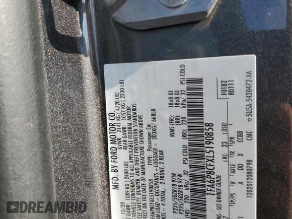 ✅ 2020 Ford Mustang GT • VIN: 1FA6P8CFXL5190858 • Lot: 70054125. Listed on Copart with 38,386 mi. Free auction sales archive from the USA and detailed vehicle history report at DreamBid. Image 13.