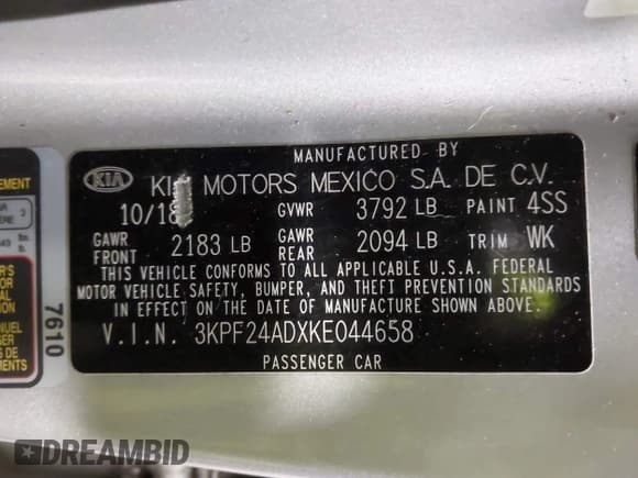 ✅ 2019 Kia Forte LXS • VIN: 3KPF24ADXKE044658 • Лот: 43350368. Опубликован ранее на IAAI с пробегом 104 387 миль. Бесплатный доступ к архиву аукционных продаж из США и подробный отчёт об истории автомобиля на DreamBid. Изображение 9.