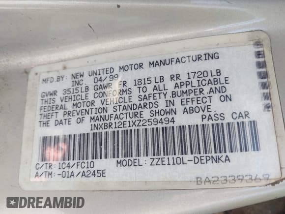 ✅ 1999 Toyota Corolla VE • VIN: 1NXBR12E1XZ259494 • Lot: 43079353. Listed on IAAI with 274,702 mi. Free auction sales archive from the USA and detailed vehicle history report at DreamBid. Image 9.