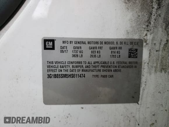 ✅ 2017 Chevrolet Cruze LT • VIN: 3G1BE6SM5HS611474 • Lot: 63485123. Listed on Copart with Not provided. Free auction sales archive from the USA and detailed vehicle history report at DreamBid. Image 13.