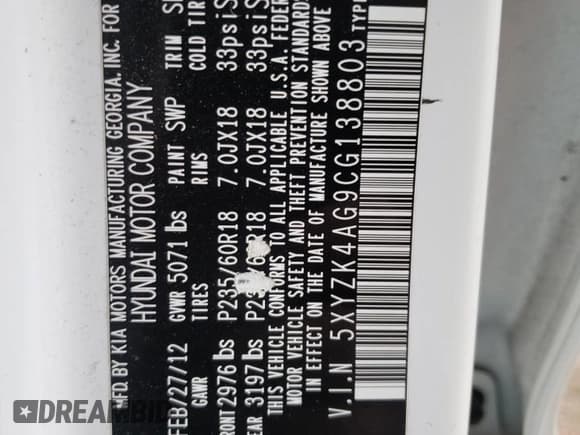 ✅ 2012 Hyundai Santa Fe Limited • VIN: 5XYZK4AG9CG138803 • Lot: 72385414. Listed on Copart with 140,718 mi. Free auction sales archive from the USA and detailed vehicle history report at DreamBid. Image 13.