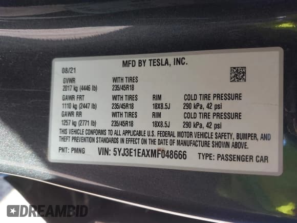✅ 2021 Tesla Model 3 Standard Range Plus • VIN: 5YJ3E1EAXMF048666 • Lot: 42155267. Wystawiony na IAAI z przebiegiem Nie podano. Bezpłatny archiwum sprzedaży aukcyjnych z USA i szczegółowy raport historii pojazdu na DreamBid. Zdjęcie 8.