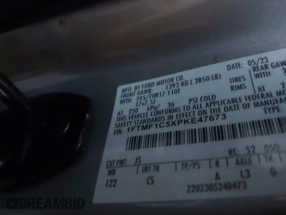 ✅ 2023 Ford F-150 XL • VIN: 1FTMF1C5XPKE47673 • Lot: 41293029. Listed on IAAI with 57,661 mi. Free auction sales archive from the USA and detailed vehicle history report at DreamBid. Image 9.