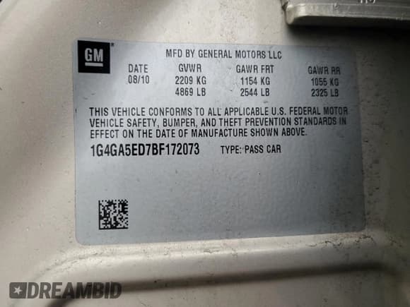 ✅ 2011 Buick LaCrosse CX • VIN: 1G4GA5ED7BF172073 • Lot: 69830475. Listed on Copart with 99,690 mi. Free auction sales archive from the USA and detailed vehicle history report at DreamBid. Image 12.