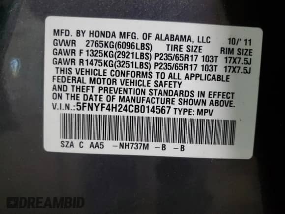 2012 Honda Pilot LX with VIN 5FNYF4H24CB014567, listed as a Copart auction lot 87074735 with 105,021 mi miles and Salvage title. Bid and sale history available at DreamBid. Image 13.