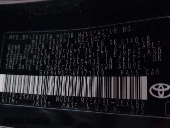 ✅ 2024 Toyota Corolla LE • VIN: 5YFB4MDE5RP171369 • Лот: 43878266. Опубликован ранее на IAAI с пробегом 27 637 миль. Бесплатный доступ к архиву аукционных продаж из США и подробный отчёт об истории автомобиля на DreamBid. Изображение 9.