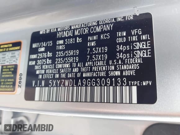 ✅ 2016 Hyundai Santa Fe • VIN: 5XYZWDLA9GG309133 • Lot: 43429006. Listed on IAAI with 125,931 mi. Free auction sales archive from the USA and detailed vehicle history report at DreamBid. Image 9.