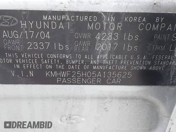 2005 Hyundai Sonata GL with VIN KMHWF25H05A135625, listed as a IAAI auction lot 42185395 with 138,149 mi miles and . Bid and sale history available at DreamBid. Image 9.