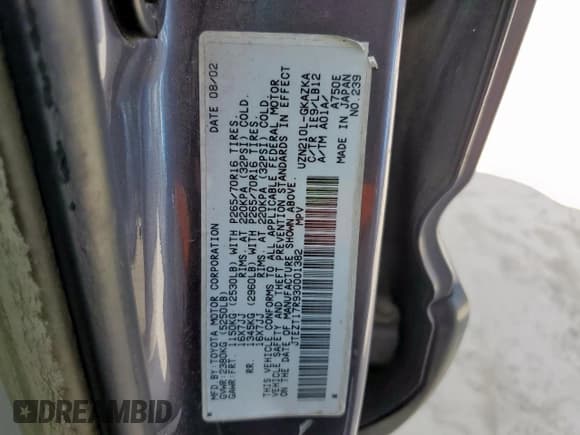 ✅ 2003 Toyota 4Runner Limited • VIN: JTEZT17R930001382 • Lot: 68633595. Listed on Copart with 229,408 mi. Free auction sales archive from the USA and detailed vehicle history report at DreamBid. Image 13.