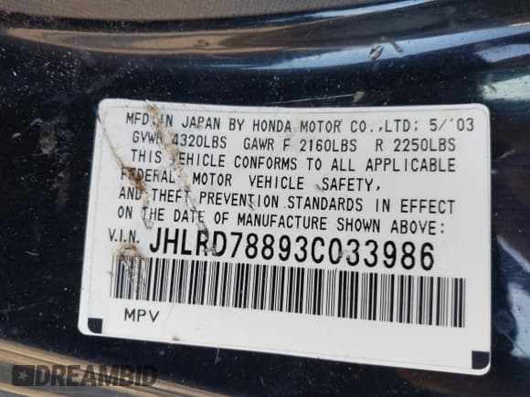 ✅ 2003 Honda CR-V EX • VIN: JHLRD78893C033986 • Lot: 43865127. Listed on IAAI with 236,873 mi. Free auction sales archive from the USA and detailed vehicle history report at DreamBid. Image 9.