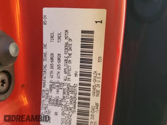 ✅ 2024 Toyota Sequoia SR5 • VIN: 7SVAAABA2RX039793 • Лот: 62465524. Опубликован ранее на Copart с пробегом Не указан. Бесплатный доступ к архиву аукционных продаж из США и подробный отчёт об истории автомобиля на DreamBid. Изображение 13.