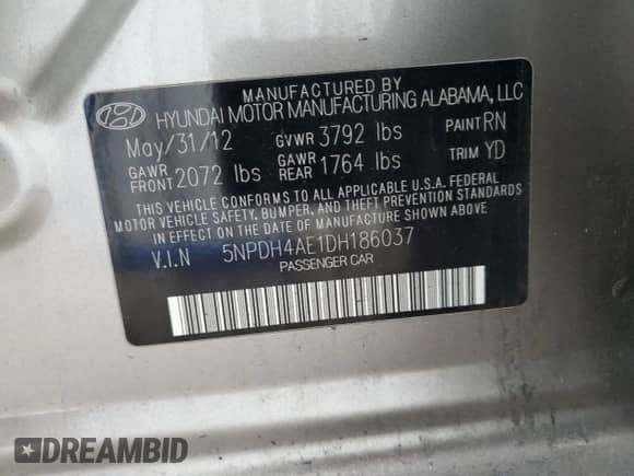 2013 Hyundai Elantra Limited with VIN 5NPDH4AE1DH186037, listed as a Copart auction lot 89881815 with 228,802 mi miles and Salvage title. Bid and sale history available at DreamBid. Image 12.