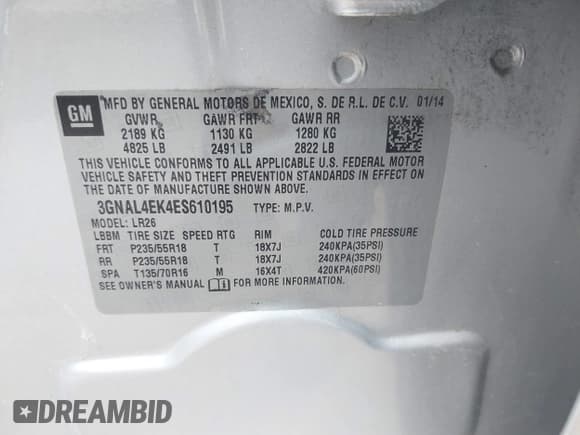 ✅ 2014 Chevrolet Captiva Sport LTZ • VIN: 3GNAL4EK4ES610195 • Лот: 41563542. Опубликован ранее на IAAI с пробегом 134 710 миль. Бесплатный доступ к архиву аукционных продаж из США и подробный отчёт об истории автомобиля на DreamBid. Изображение 9.