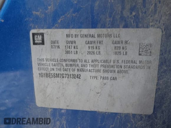 ✅ 2016 Chevrolet Cruze LT • VIN: 1G1BE5SM7G7313242 • Lot: 43591101. Listed on IAAI with 148,411 mi. Free auction sales archive from the USA and detailed vehicle history report at DreamBid. Image 9.