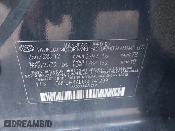 ✅ 2012 Hyundai Elantra GLS • VIN: 5NPDH4AE6CH141299 • Lot: 43632525. Listed on IAAI with 142,864 mi. Free auction sales archive from the USA and detailed vehicle history report at DreamBid. Image 9.