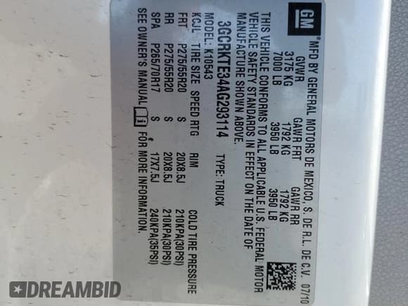 ✅ 2010 Chevrolet Silverado 1500 LTZ • VIN: 3GCRKTE34AG293114 • Lot: 71666724. Listed on Copart with 170,131 mi. Free auction sales archive from the USA and detailed vehicle history report at DreamBid. Image 12.