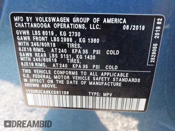 ✅ 2019 Volkswagen Atlas SE • VIN: 1V2UR2CA8KC581156 • Lot: 43691504. Listed on IAAI with 110,963 mi. Free auction sales archive from the USA and detailed vehicle history report at DreamBid. Image 9.